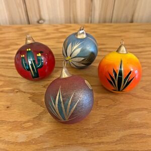 Rare Vintage Mexican Tonala Style Hand Painted Ceramic Ornaments Set of 4